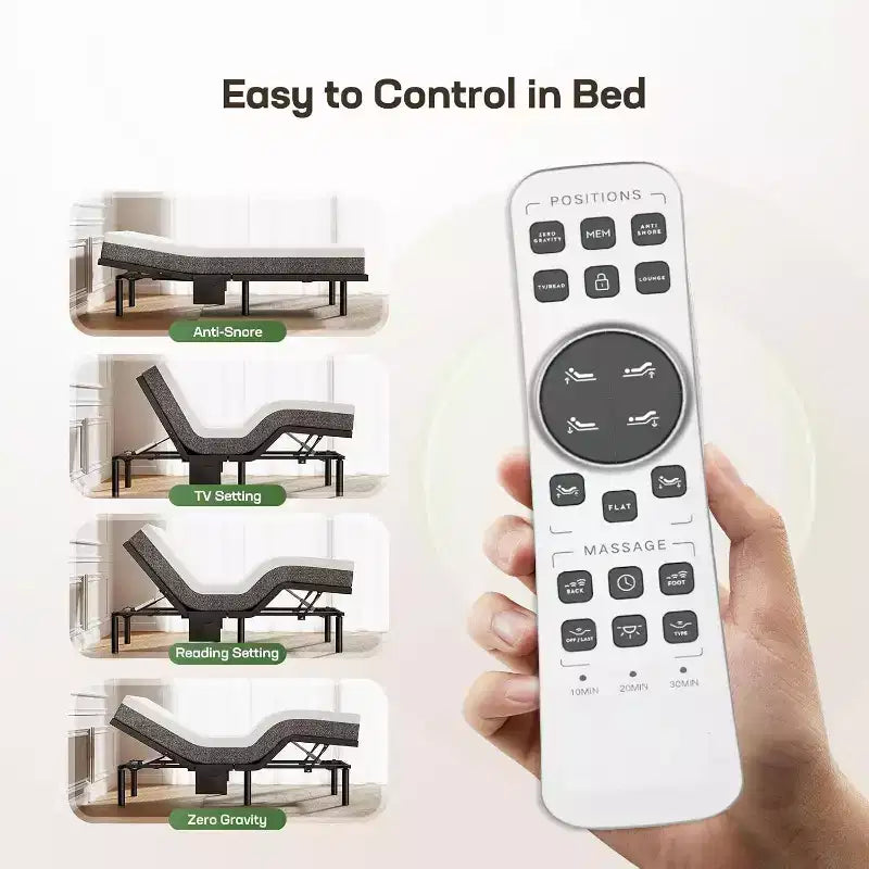 Base de cama ajustable, Elevación de cabeza y pies, Altura de patas ajustable, Cama de gravedad cero, Memoria de posición preestablecida, Tamaño Twin XL/Full/Queen