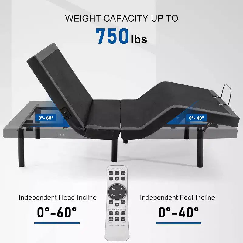 Base de cama ajustable, Elevación de cabeza y pies, Altura de patas ajustable, Cama de gravedad cero, Memoria de posición preestablecida, Tamaño Twin XL/Full/Queen