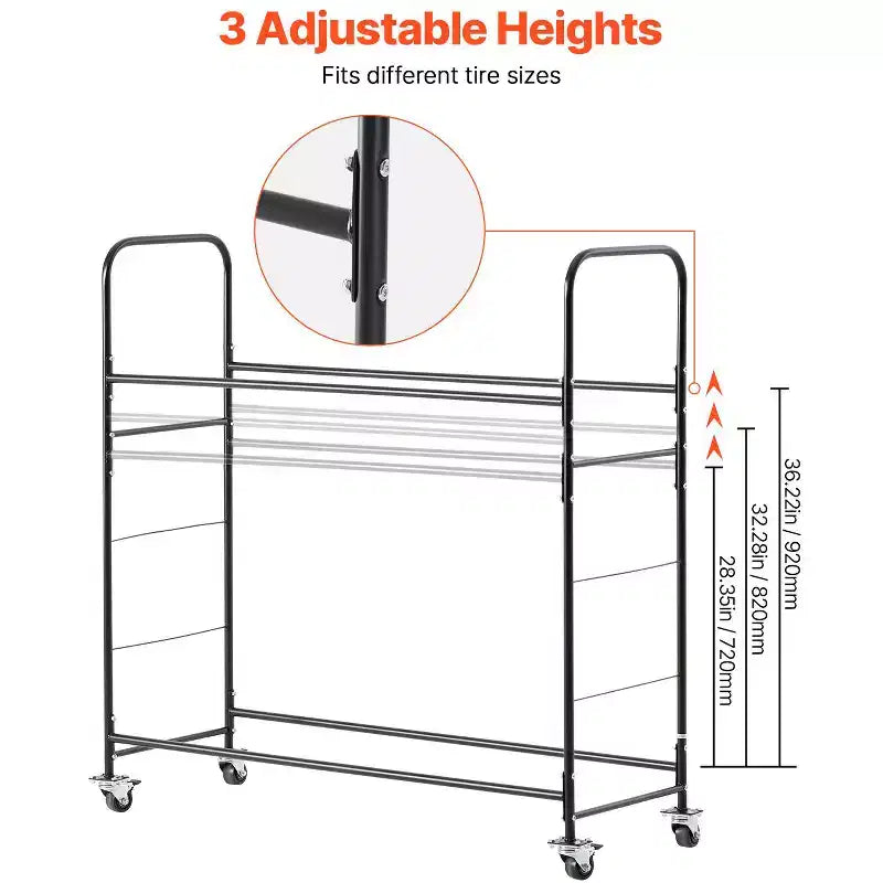 Estante rodante para neumáticos, soporte para neumáticos de 2 estantes y remolque de transporte para garaje, carrito de almacenamiento de neumáticos de acero resistente con ruedas, negro