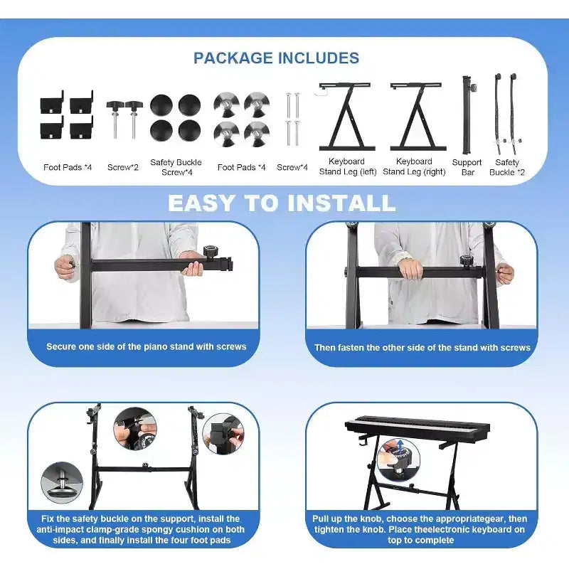 Soporte de teclado/piano ajustable estilo Z, resistente, estable y portátil, altura y anchura ajustables, apto para pianos eléctricos de 44/54/61/88 teclas, negro