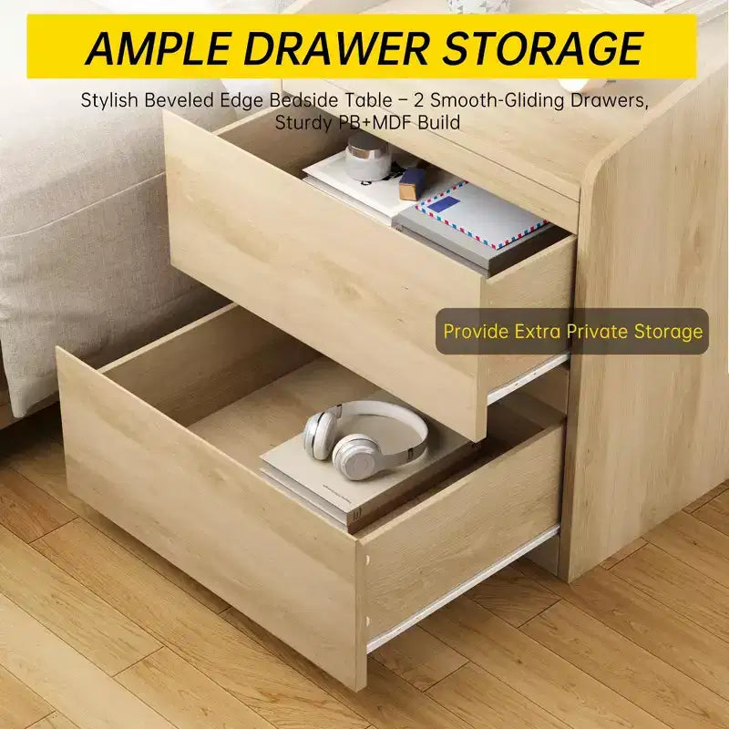 Mesa de Noche con 2 Cajones, Mesa Auxiliar Moderna de 60 cm, Mesita de N Noche con 2 Cajones de Almacenamiento, Diseño sin Tiradores para Dormitorio y Sala de Estar