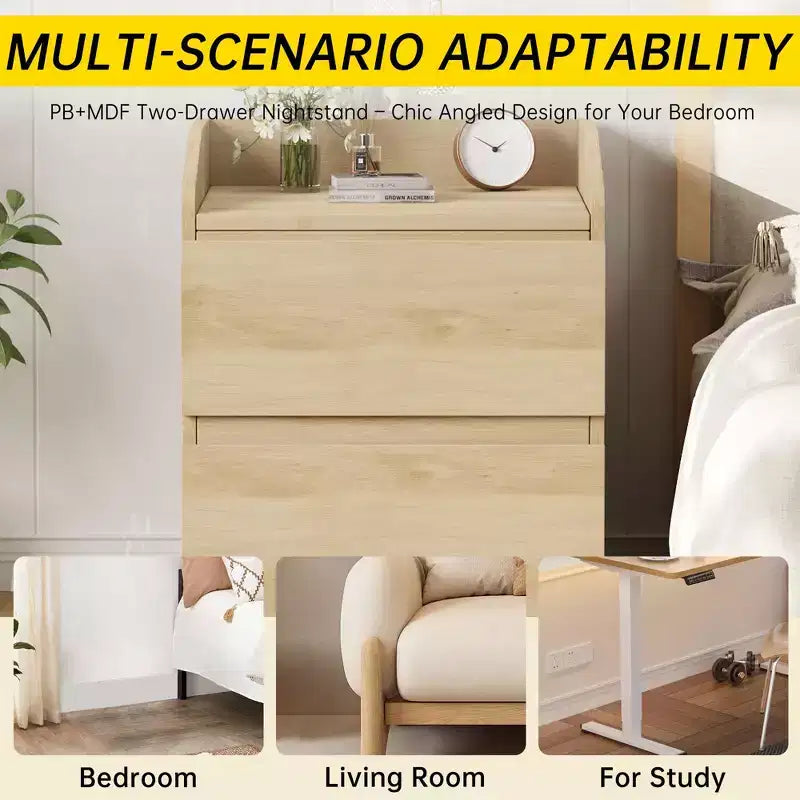 Mesa de Noche con 2 Cajones, Mesa Auxiliar Moderna de 60 cm, Mesita de N Noche con 2 Cajones de Almacenamiento, Diseño sin Tiradores para Dormitorio y Sala de Estar