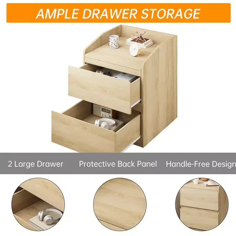 Mesa de Noche con 2 Cajones, Mesa Auxiliar Moderna de 60 cm, Mesita de N Noche con 2 Cajones de Almacenamiento, Diseño sin Tiradores para Dormitorio y Sala de Estar