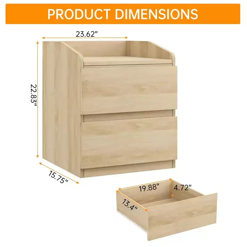 Mesa de Noche con 2 Cajones, Mesa Auxiliar Moderna de 60 cm, Mesita de N Noche con 2 Cajones de Almacenamiento, Diseño sin Tiradores para Dormitorio y Sala de Estar