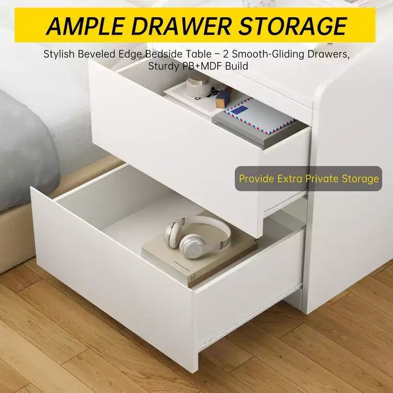 Mesa de Noche con 2 Cajones, Mesa Auxiliar Moderna de 60 cm, Mesita de N Noche con 2 Cajones de Almacenamiento, Diseño sin Tiradores para Dormitorio y Sala de Estar