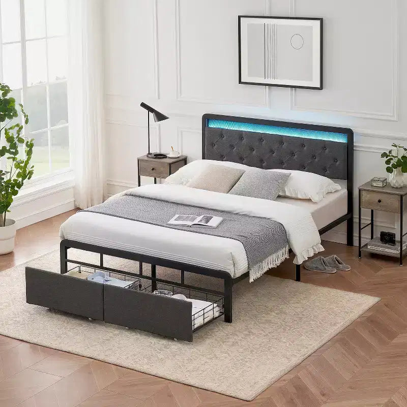 Full Size Upholstered Bed Frame with Storage Drawers & Button Tufted Headboard, Strong Wooden Slats Support Mattress Foundation, No Box Spring Needed