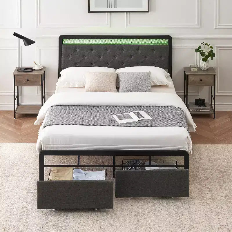 Base de cama tapizada de tamaño matrimonial con cajones de almacenamiento y cabecera capitoné, base de colchón con soporte de listones de madera resistentes, no requiere somier