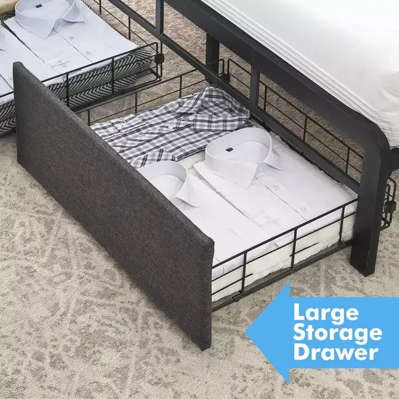 Base de cama tapizada de tamaño matrimonial con cajones de almacenamiento y cabecera capitoné, base de colchón con soporte de listones de madera resistentes, no requiere somier