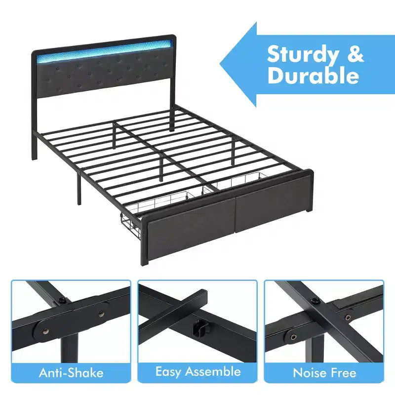 Base de cama tapizada de tamaño matrimonial con cajones de almacenamiento y cabecera capitoné, base de colchón con soporte de listones de madera resistentes, no requiere somier