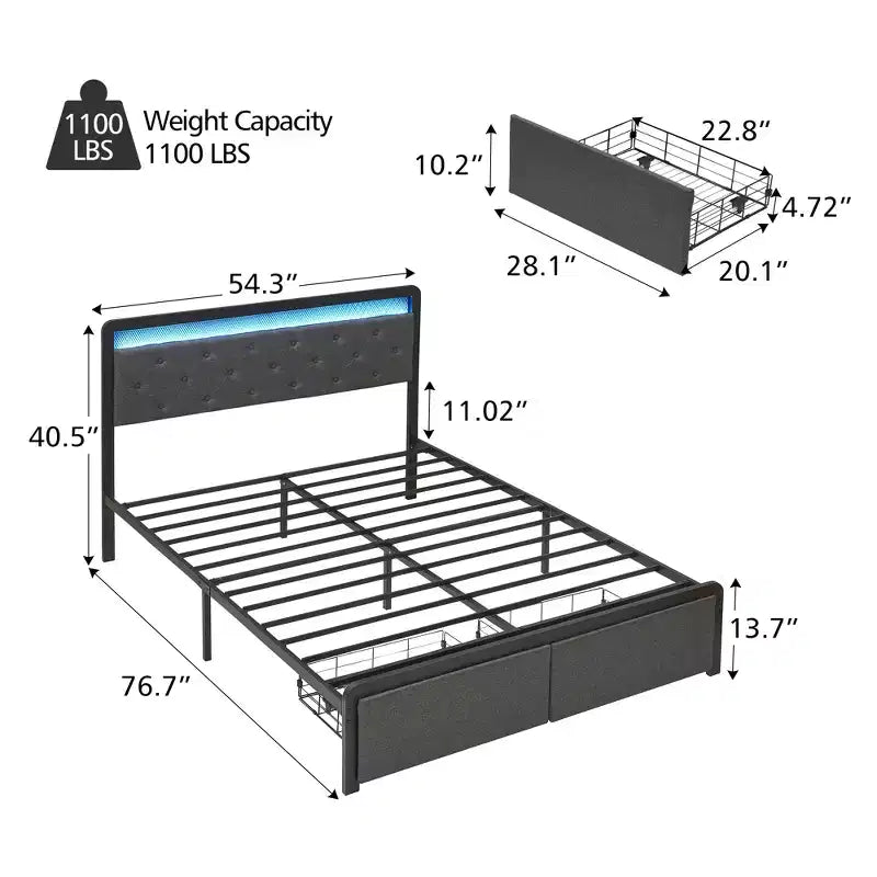 Base de cama tapizada de tamaño matrimonial con cajones de almacenamiento y cabecera capitoné, base de colchón con soporte de listones de madera resistentes, no requiere somier