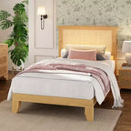 Estructura de cama bohemia de ratán  Cabecero de ratán natural, luces LED, resistentes lamas de madera silenciosas, sin ruido, no necesita somier  Muebles de dormitorio