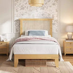 Estructura de cama bohemia de ratán  Cabecero de ratán natural, luces LED, resistentes lamas de madera silenciosas, sin ruido, no necesita somier  Muebles de dormitorio
