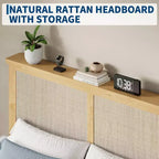 Estructura de cama bohemia de ratán  Cabecero de ratán natural, luces LED, resistentes lamas de madera silenciosas, sin ruido, no necesita somier  Muebles de dormitorio