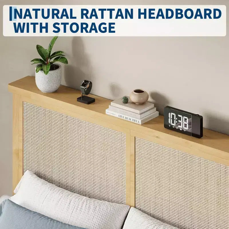 Estructura de cama bohemia de ratán  Cabecero de ratán natural, luces LED, resistentes lamas de madera silenciosas, sin ruido, no necesita somier  Muebles de dormitorio