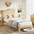 Estructura de cama bohemia de ratán  Cabecero de ratán natural, luces LED, resistentes lamas de madera silenciosas, sin ruido, no necesita somier  Muebles de dormitorio