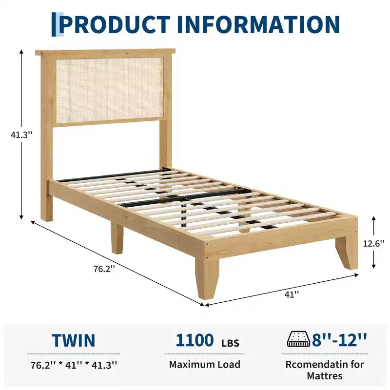 Estructura de cama bohemia de ratán  Cabecero de ratán natural, luces LED, resistentes lamas de madera silenciosas, sin ruido, no necesita somier  Muebles de dormitorio