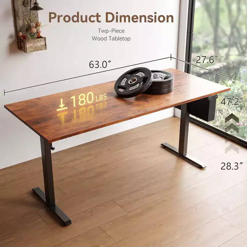 Escritorio eléctrico de pie marrón de 63 pulgadas, mesa de computadora ajustable en altura, escritorio para juegos sentado-de pie, estación de trabajo para oficina en casa con preajustes de memoria y bolsa de almacenamiento