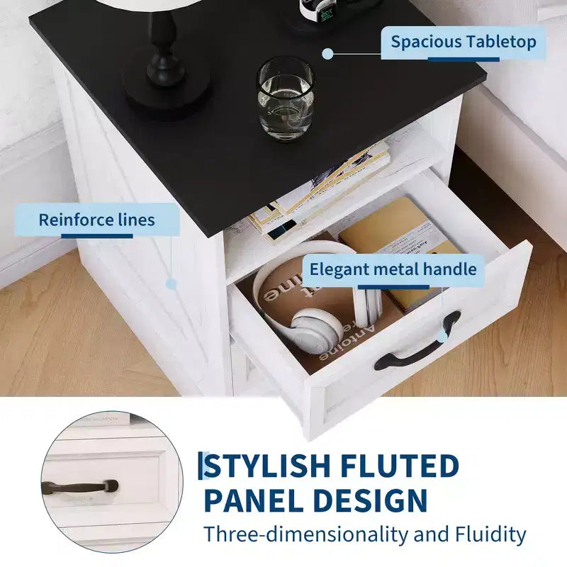 Mesita de noche rústica de estilo rústico, 2 cajones, mesita de noche moderna de madera, puertos USB y tomas de CA, MDF duradero, tiradores de metal, blanca