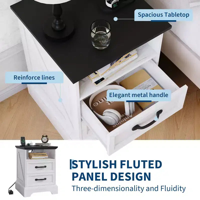 Mesita de noche rústica de estilo rústico, 2 cajones, mesita de noche moderna de madera, puertos USB y tomas de CA, MDF duradero, tiradores de metal, blanca