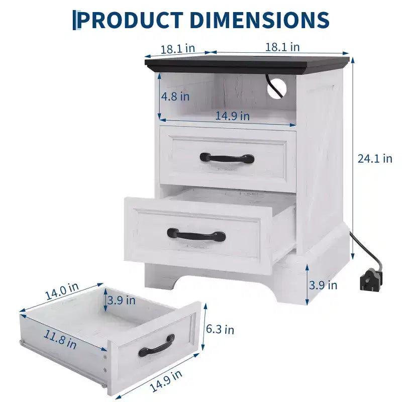 Mesita de noche rústica de estilo rústico, 2 cajones, mesita de noche moderna de madera, puertos USB y tomas de CA, MDF duradero, tiradores de metal, blanca
