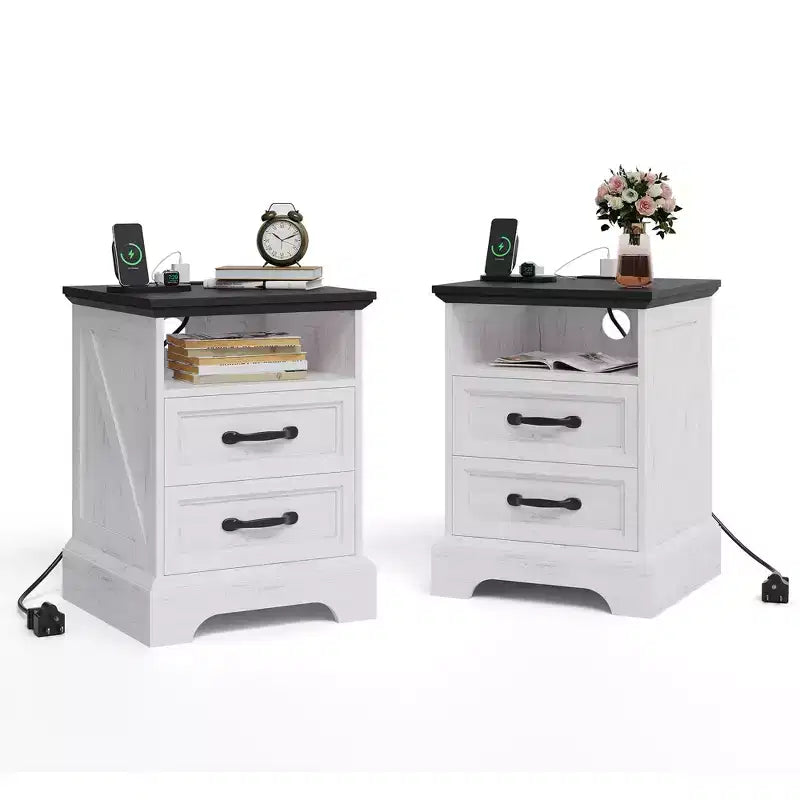 Mesita de noche rústica de estilo rústico, 2 cajones, mesita de noche moderna de madera, puertos USB y tomas de CA, MDF duradero, tiradores de metal, blanca