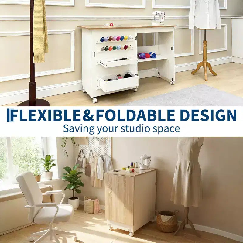 Mesa Plegable de Costura y Manualidades con Estantes y Bandejas, Ruedas con Cierre, Clavijas, Cierres Magnéticos, Escritorio Compacto Múltiple, Ahorro de Espacio para Máquinas de Coser