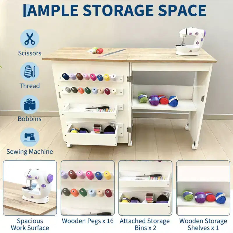 Mesa Plegable de Costura y Manualidades con Estantes y Bandejas, Ruedas con Cierre, Clavijas, Cierres Magnéticos, Escritorio Compacto Múltiple, Ahorro de Espacio para Máquinas de Coser