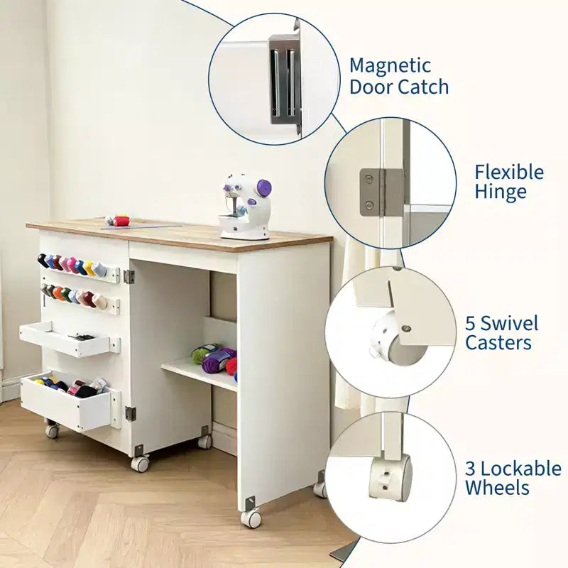 Mesa Plegable de Costura y Manualidades con Estantes y Bandejas, Ruedas con Cierre, Clavijas, Cierres Magnéticos, Escritorio Compacto Múltiple, Ahorro de Espacio para Máquinas de Coser
