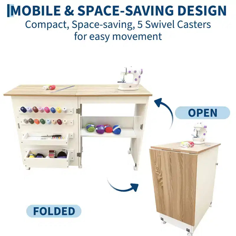 Mesa Plegable de Costura y Manualidades con Estantes y Bandejas, Ruedas con Cierre, Clavijas, Cierres Magnéticos, Escritorio Compacto Múltiple, Ahorro de Espacio para Máquinas de Coser