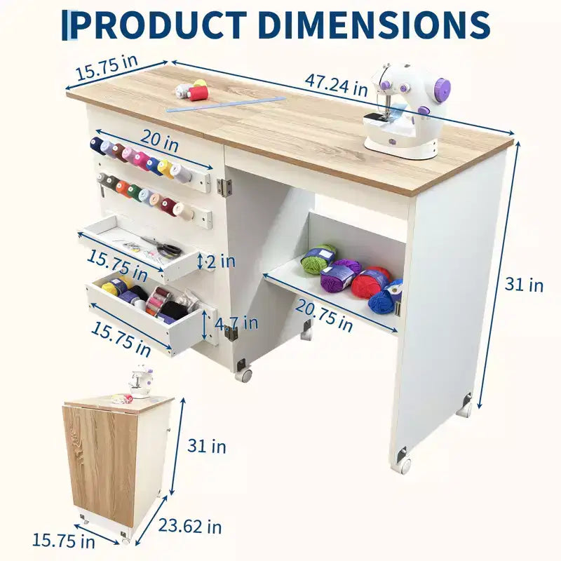 Mesa Plegable de Costura y Manualidades con Estantes y Bandejas, Ruedas con Cierre, Clavijas, Cierres Magnéticos, Escritorio Compacto Múltiple, Ahorro de Espacio para Máquinas de Coser
