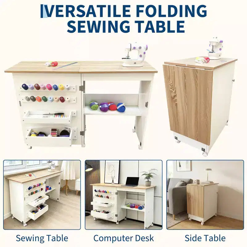 Mesa Plegable de Costura y Manualidades con Estantes y Bandejas, Ruedas con Cierre, Clavijas, Cierres Magnéticos, Escritorio Compacto Múltiple, Ahorro de Espacio para Máquinas de Coser