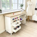 Mesa Plegable de Costura y Manualidades con Estantes y Bandejas, Ruedas con Cierre, Clavijas, Cierres Magnéticos, Escritorio Compacto Múltiple, Ahorro de Espacio para Máquinas de Coser