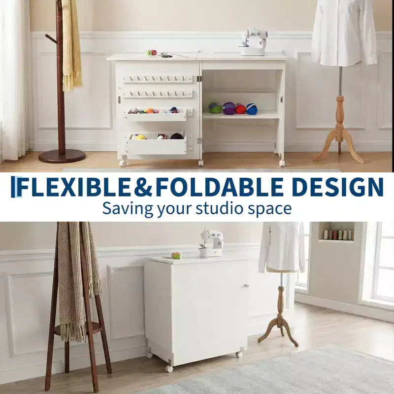 Mesa Plegable de Costura y Manualidades con Estantes y Bandejas, Ruedas con Cierre, Clavijas, Cierres Magnéticos, Escritorio Compacto Múltiple, Ahorro de Espacio para Máquinas de Coser