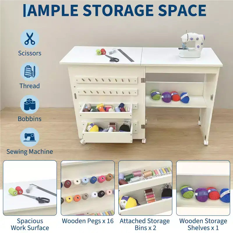 Mesa Plegable de Costura y Manualidades con Estantes y Bandejas, Ruedas con Cierre, Clavijas, Cierres Magnéticos, Escritorio Compacto Múltiple, Ahorro de Espacio para Máquinas de Coser