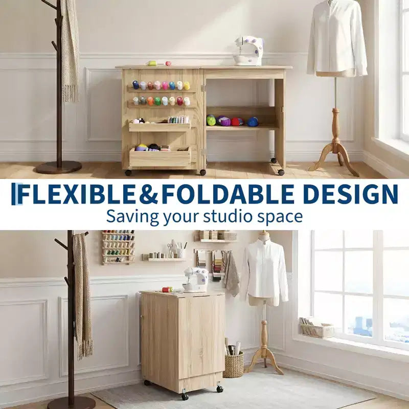 Mesa Plegable de Costura y Manualidades con Estantes y Bandejas, Ruedas con Cierre, Clavijas, Cierres Magnéticos, Escritorio Compacto Múltiple, Ahorro de Espacio para Máquinas de Coser