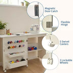 Mesa Plegable de Costura y Manualidades con Estantes y Bandejas, Ruedas con Cierre, Clavijas, Cierres Magnéticos, Escritorio Compacto Múltiple, Ahorro de Espacio para Máquinas de Coser