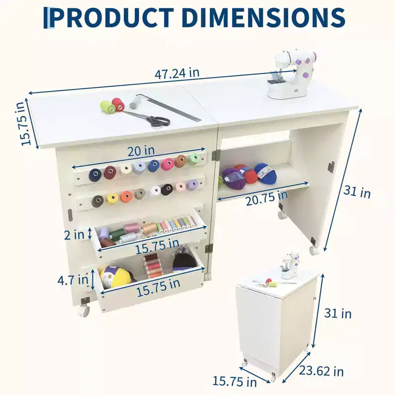 Mesa Plegable de Costura y Manualidades con Estantes y Bandejas, Ruedas con Cierre, Clavijas, Cierres Magnéticos, Escritorio Compacto Múltiple, Ahorro de Espacio para Máquinas de Coser