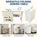 Mesa Plegable de Costura y Manualidades con Estantes y Bandejas, Ruedas con Cierre, Clavijas, Cierres Magnéticos, Escritorio Compacto Múltiple, Ahorro de Espacio para Máquinas de Coser