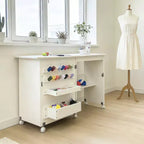 Mesa Plegable de Costura y Manualidades con Estantes y Bandejas, Ruedas con Cierre, Clavijas, Cierres Magnéticos, Escritorio Compacto Múltiple, Ahorro de Espacio para Máquinas de Coser