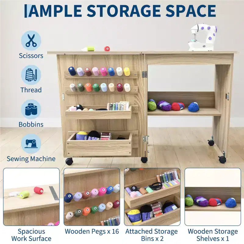 Mesa Plegable de Costura y Manualidades con Estantes y Bandejas, Ruedas con Cierre, Clavijas, Cierres Magnéticos, Escritorio Compacto Múltiple, Ahorro de Espacio para Máquinas de Coser