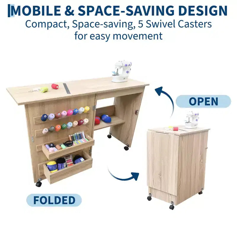 Mesa Plegable de Costura y Manualidades con Estantes y Bandejas, Ruedas con Cierre, Clavijas, Cierres Magnéticos, Escritorio Compacto Múltiple, Ahorro de Espacio para Máquinas de Coser