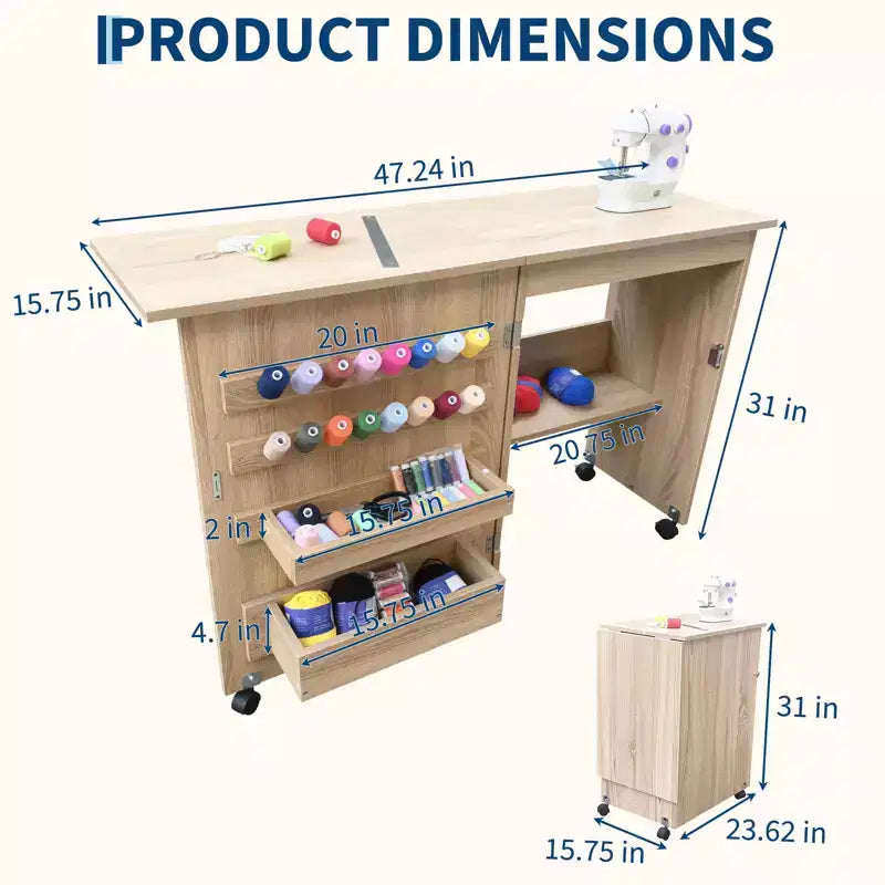 Mesa Plegable de Costura y Manualidades con Estantes y Bandejas, Ruedas con Cierre, Clavijas, Cierres Magnéticos, Escritorio Compacto Múltiple, Ahorro de Espacio para Máquinas de Coser