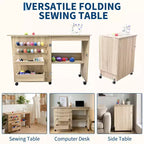 Mesa Plegable de Costura y Manualidades con Estantes y Bandejas, Ruedas con Cierre, Clavijas, Cierres Magnéticos, Escritorio Compacto Múltiple, Ahorro de Espacio para Máquinas de Coser