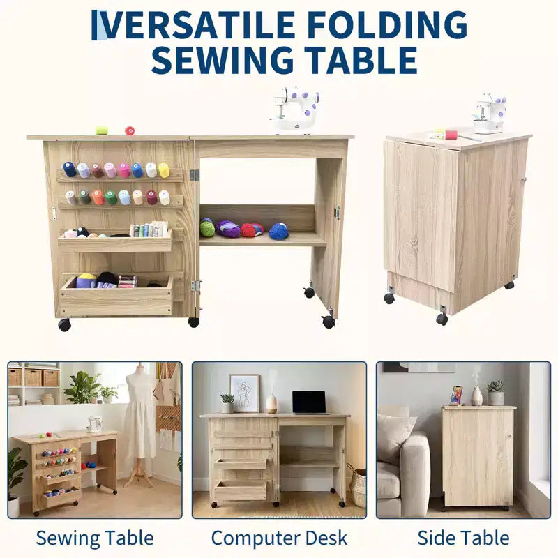 Mesa Plegable de Costura y Manualidades con Estantes y Bandejas, Ruedas con Cierre, Clavijas, Cierres Magnéticos, Escritorio Compacto Múltiple, Ahorro de Espacio para Máquinas de Coser
