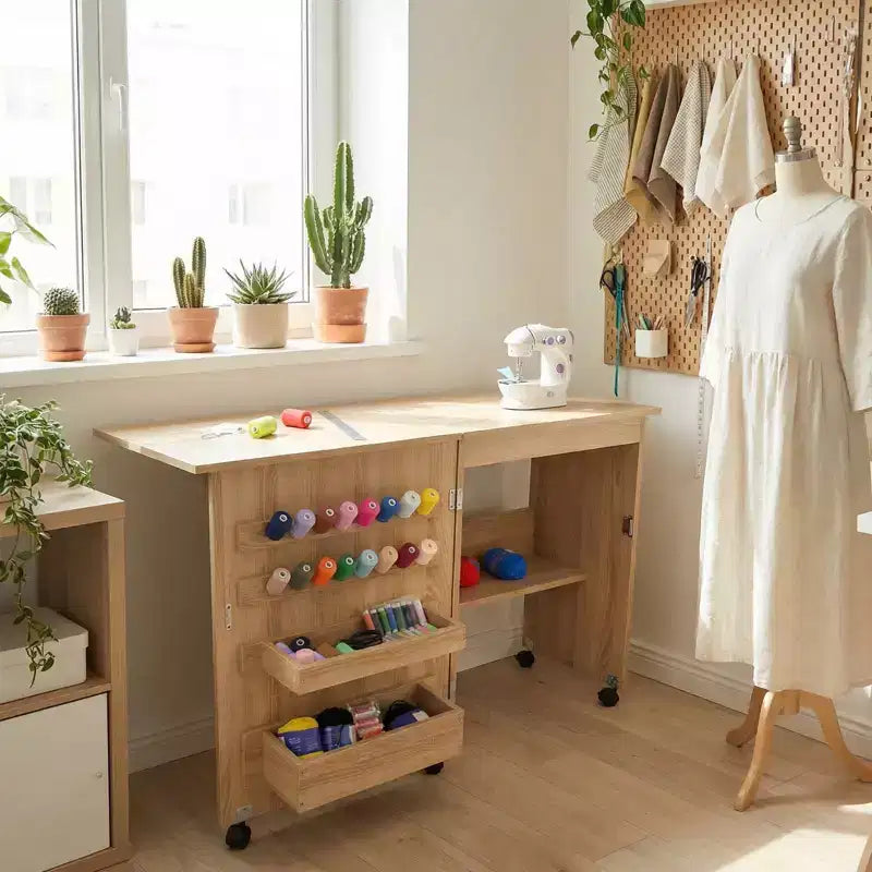Mesa Plegable de Costura y Manualidades con Estantes y Bandejas, Ruedas con Cierre, Clavijas, Cierres Magnéticos, Escritorio Compacto Múltiple, Ahorro de Espacio para Máquinas de Coser