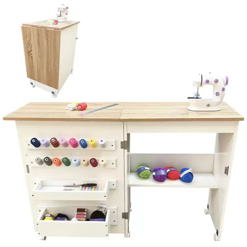 Mesa Plegable de Costura y Manualidades con Estantes y Bandejas, Ruedas con Cierre, Clavijas, Cierres Magnéticos, Escritorio Compacto Múltiple, Ahorro de Espacio para Máquinas de Coser