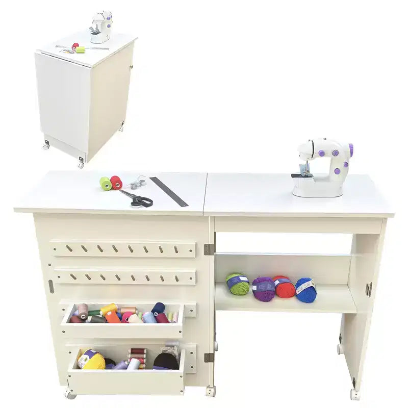 Mesa Plegable de Costura y Manualidades con Estantes y Bandejas, Ruedas con Cierre, Clavijas, Cierres Magnéticos, Escritorio Compacto Múltiple, Ahorro de Espacio para Máquinas de Coser