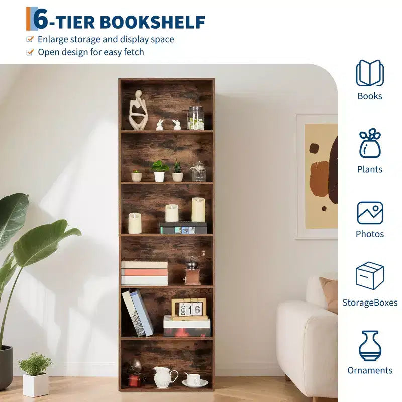 Estantería alta de 6 baldas, librería de madera de 161,5 cm de alto con estilo rústico industrial, organizador de almacenamiento de 6 niveles para sala de estar, dormitorio, biblioteca