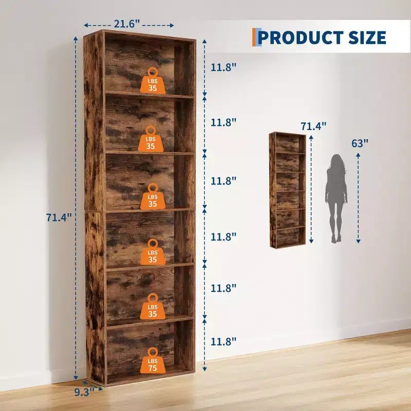 Estantería alta de 6 baldas, librería de madera de 161,5 cm de alto con estilo rústico industrial, organizador de almacenamiento de 6 niveles para sala de estar, dormitorio, biblioteca