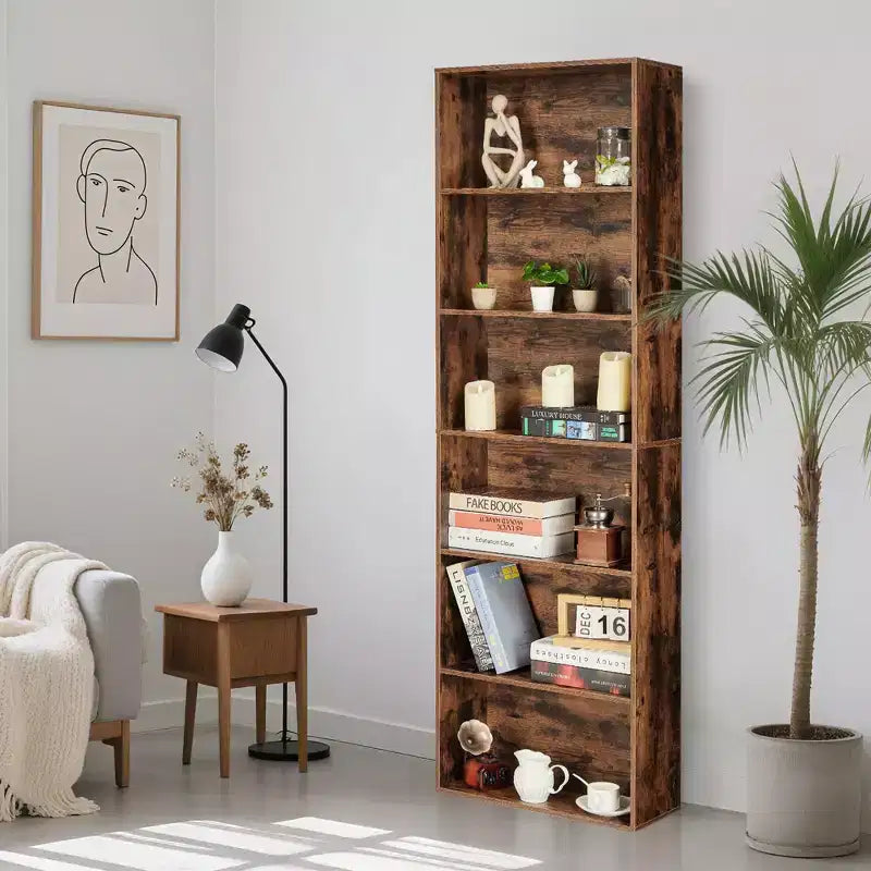 Estantería alta de 6 baldas, librería de madera de 161,5 cm de alto con estilo rústico industrial, organizador de almacenamiento de 6 niveles para sala de estar, dormitorio, biblioteca